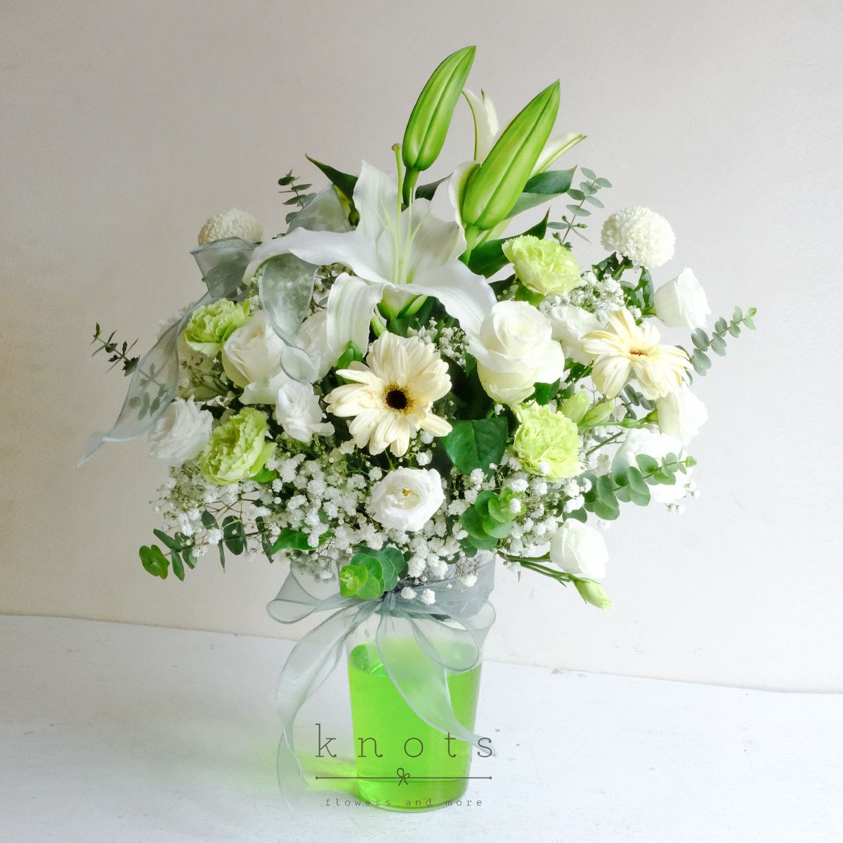 Bohemian Fairy (White Lily, China Roses, And Gerberas Arrangement)