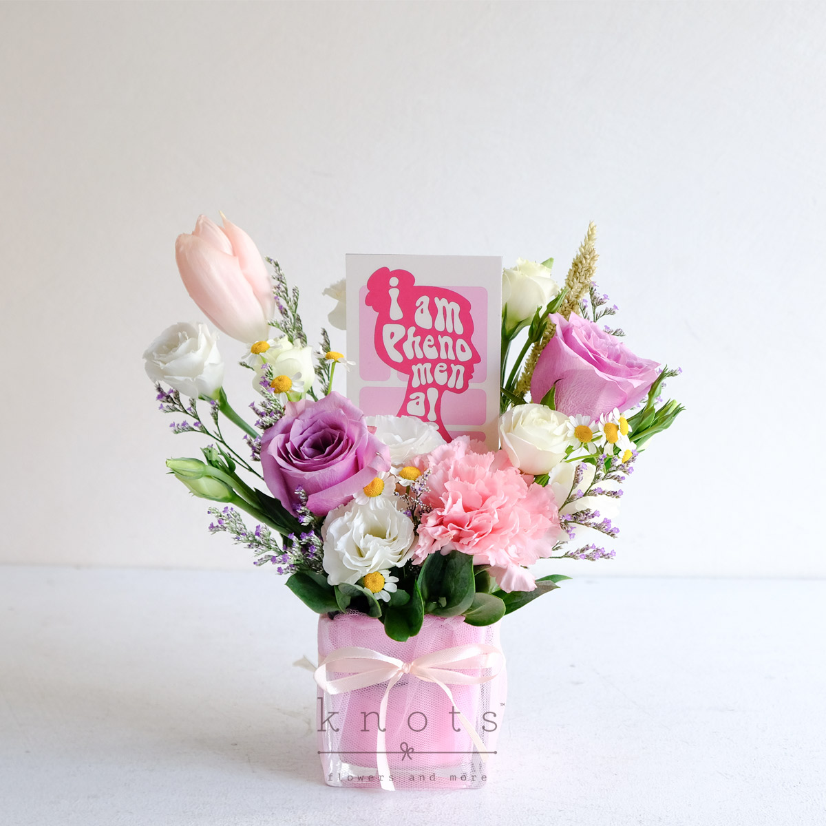 The Unstoppable She (Purple Roses and Pink Tulip Arrangement)