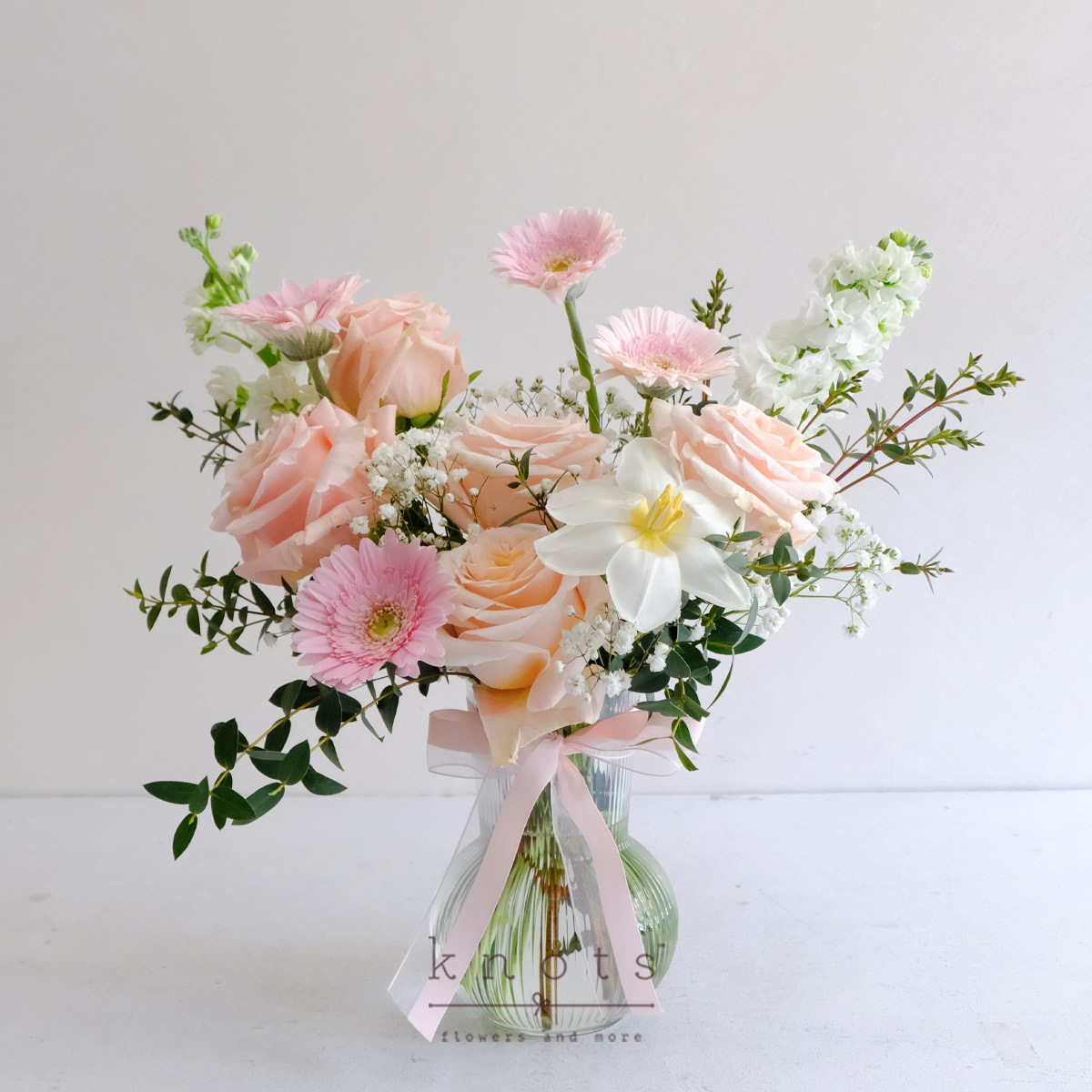 Spring Serenade (Peach Pink Ecuadorian Roses and Pink Gerbera Arrangement)