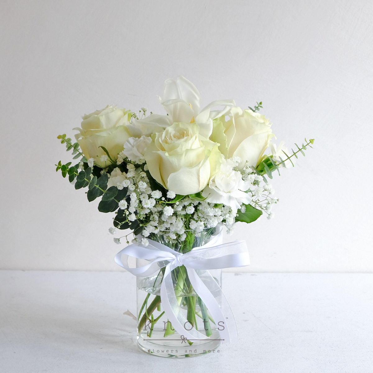 Loving Tributes (White Ecuadorian Roses & Tulips Arrangement)