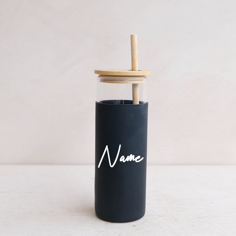 Black Skinny Tumbler w/ Bamboo Straw