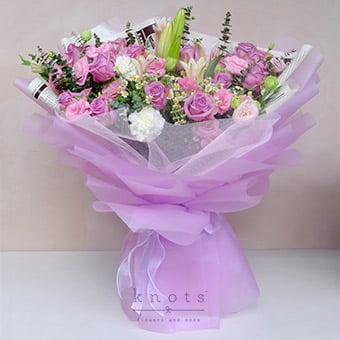Periwinkle Touch (Pink Lily & Purple Roses Bouquet)
