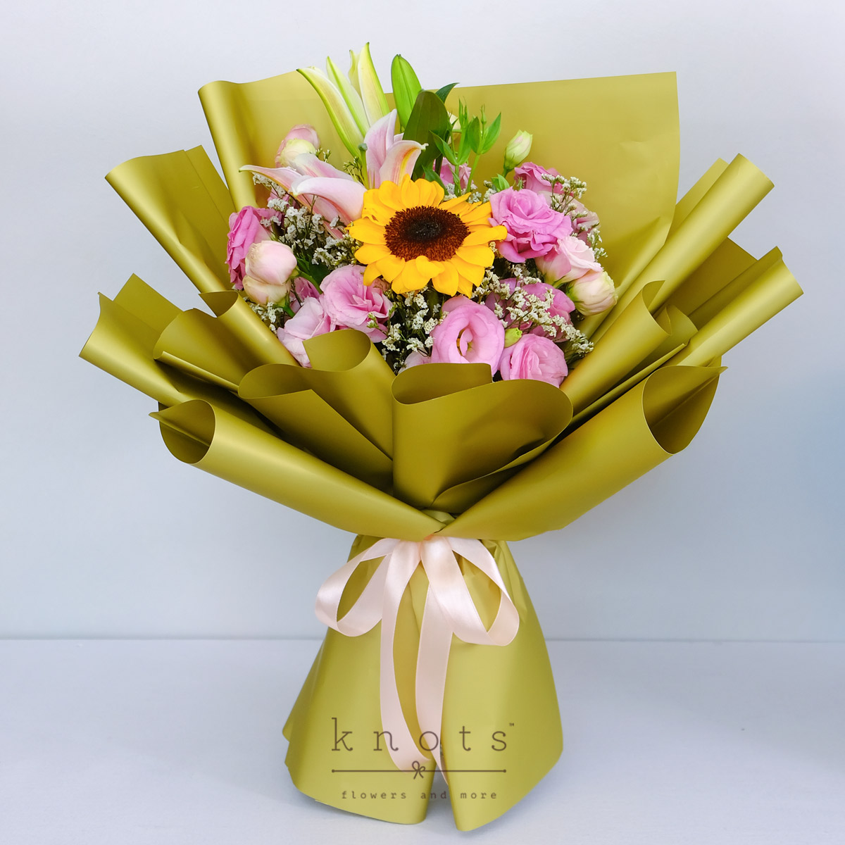 Serenity of Love (Sunflower and Pink Lily Bouquet)