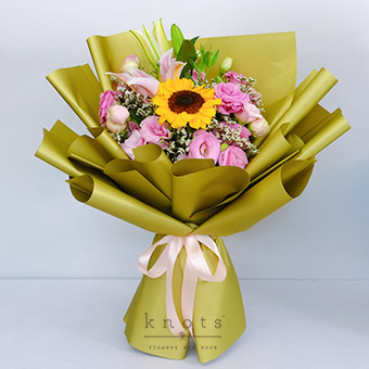 Serenity of Love (Sunflower and Pink Lily Bouquet)