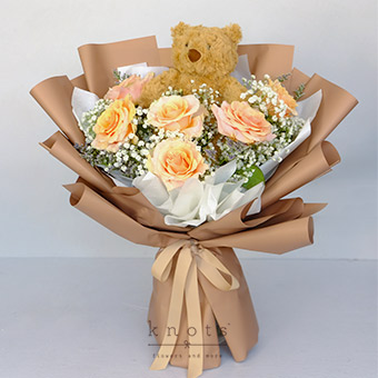 Soft Spot (6 Peach Ecuadorian Roses with Bear Bouquet)