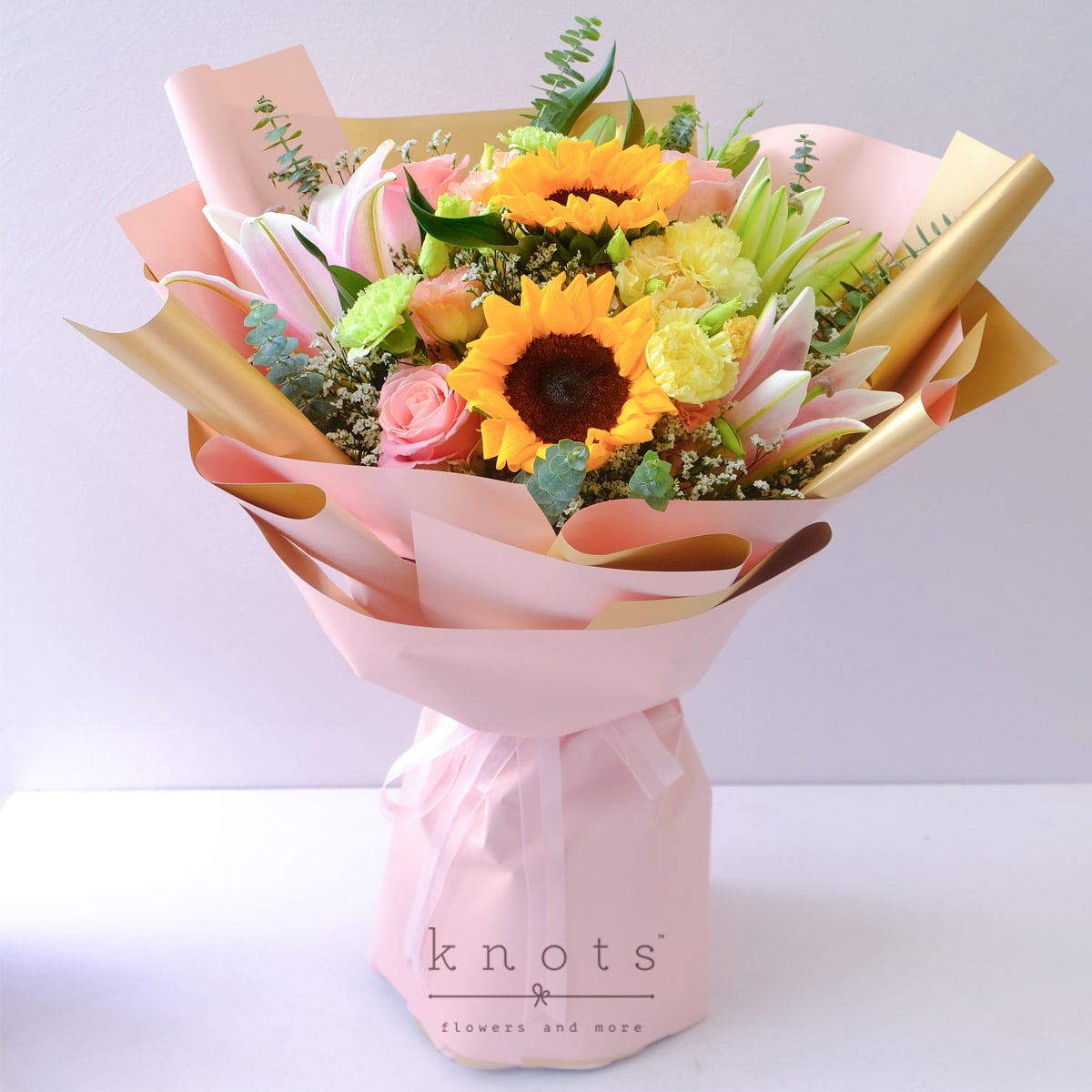 Pretty Please (Roses, Sunflowers, Pink Lily Bouquet)