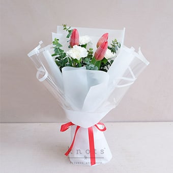 Oh My Girl (Red Tulips, and White Carnations Bouquet)