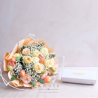 Glorious Sunrise (Roses & Tulips Bouquet w/ Macarons)