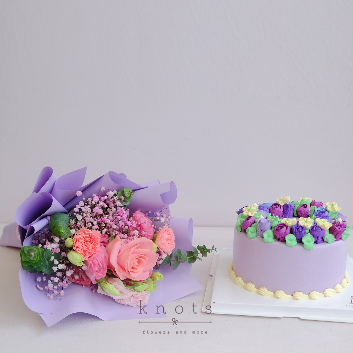 Lavender Delight (Pink Ecuadorian Rose and Pink Carnation Bouquet w/ Cake)