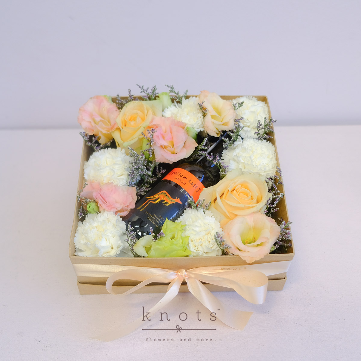 Sunset Cheers (Mixed Flowers w/ Wine Boxed Arrangement)