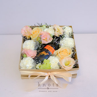 Sunset Cheers (Mixed Flowers w/ Wine Boxed Arrangement)