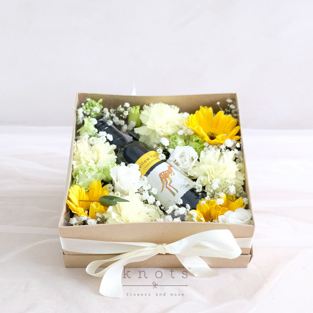 Sips n' Smiles (Yellow Gerbera & Mini Wine Box Arragement)